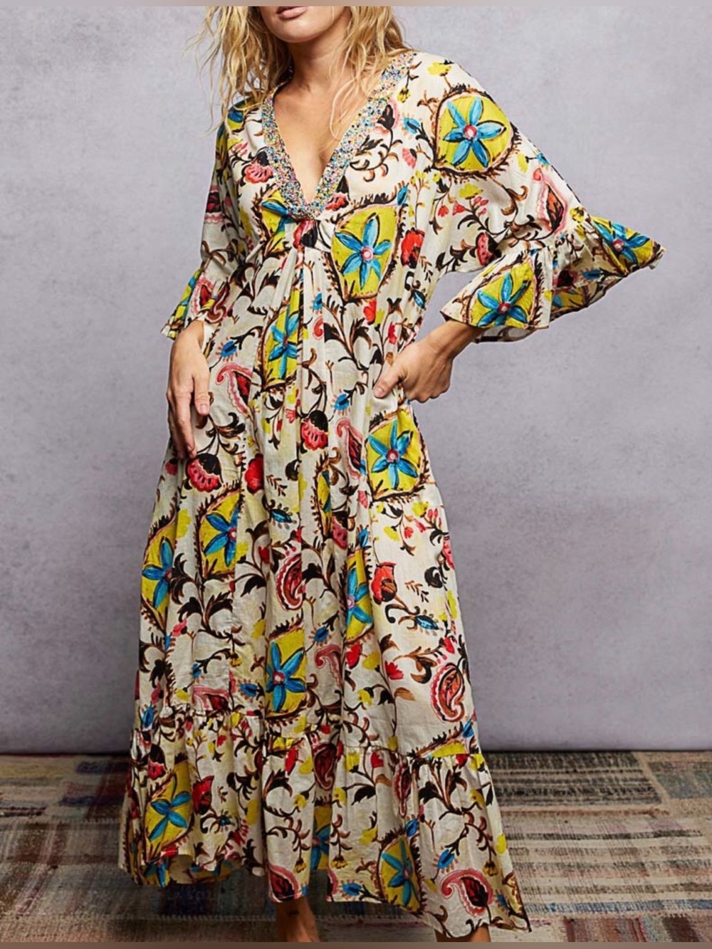⛱️ H059 New Pol L ptp25 Boho Floral Maxi Dress in Cream Yellow & Blue